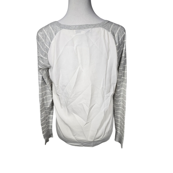 LOFT Medium Light Gray and Off-White Striped V-Neck Knit Front Blouse - Picture 5 of 8